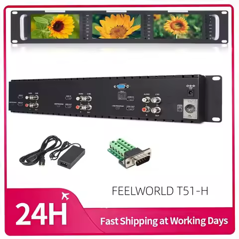 FEELWORLD T51-H Triple 5 inch 2 RU Rack Mount Monitor 800×480 Broadcast LCD Monitor with HDMI AV Inp