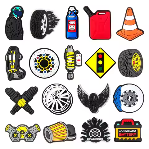 1-18Pcs Various Car Tyres Seat Oil PVC Shoes Buckle Charms Man Clog Decorations Fit Backpack Party P