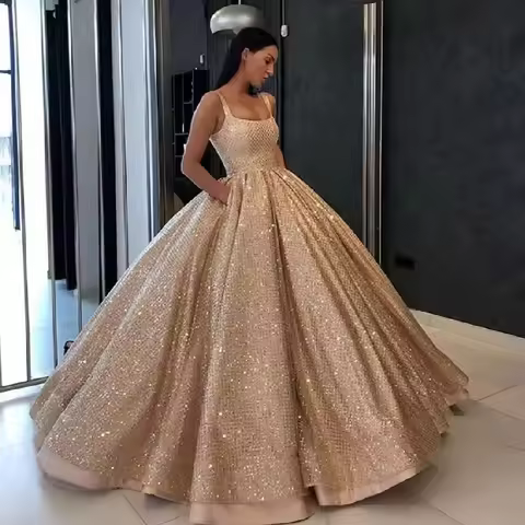 Sophie Store Customized Simple Spark Bling Gold Sequin Quinceanera Dresses Ball Gown Floor Length Bi