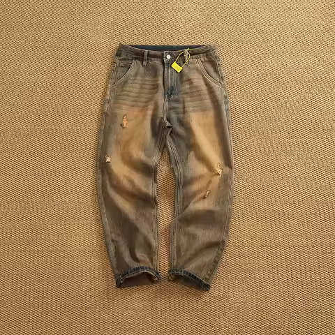 Yellow clay dye heavy industry to do old washed jeans men's high street American loose straight cone