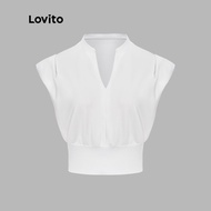 (Trendy) Lovito Casual Tank Top Plain Pleated V Neck Sleeveless Crop Tops for Women L53AD013 (Multi-