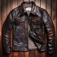 Mendoza Heavy Duty Washed เสื้อแจ็คเก็ตหนัง ชุดทํางานสไตล์วินเทจของแท้ Horsehide เสื้อแจ๊กเก็ตผู้ชาย