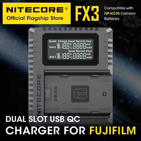 NITECORE FX3 Intelligent Camera Charger Dual Slot USB Type C LCD QC Fast Charge 1500mAh For Fujifilm