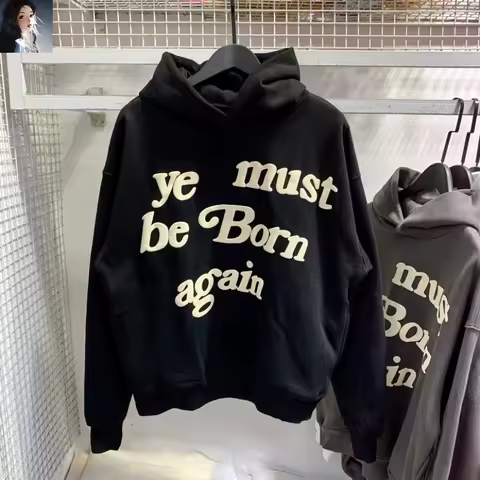 Y2k Puff Print Kanye West Hoodie Men Women 1:1 Foam Ye Must Be Born Again Logo Hoodie Black Loose Fi