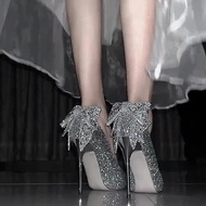 เรียบหรู ผีเสื้อเลื่อมสีเงิน โบว์ รองเท้าส้นสูงคริสตัล ผู้หญิง Pointed Toe Date Fairy สไตล์เจ้าสาวหล