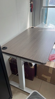 FreeMax Electric Standing Desk Wood Grain Top White Frame