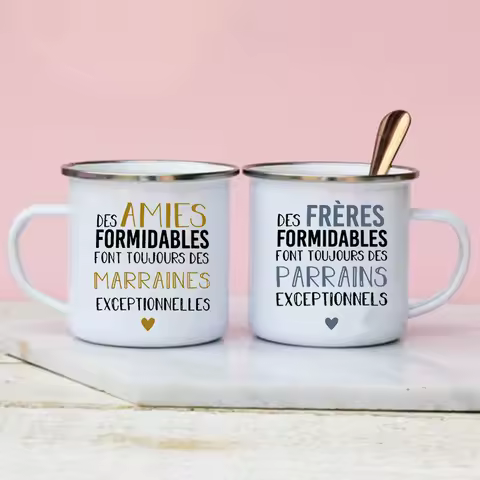 French Print Would You Be My Godmother & Godfather Enamel Mug Drink Coffee Cup Ask Marraine Parrain 