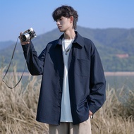 Solid Color Hong Kong Style Long Sleeve Large Size Texture Lapel Comfortable Shirt Jacket Men C5461-