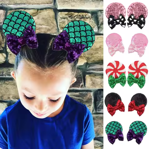 Trendy Festival 3.3" Mouse Ears Hair Clips For Girls Sequin Bows Headwear Glitter Barrettes DIY Acce