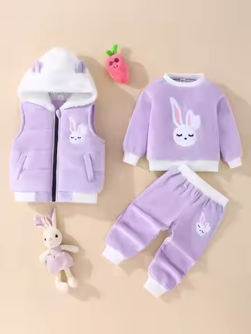A Sweet And Cute Rabbit Embroidery Warm Suit For Baby Girls In Autumn And Winter + A Cotton-Padded J