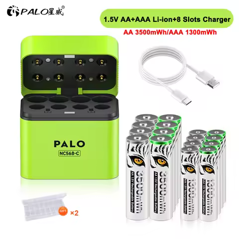 PALO AAA and AA Rechargeable Batteries Lithium-ion 3500mWh 1.5V AA+1300mWh AAA Li-ion Battery with 8