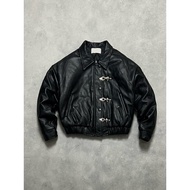 Wooa Casual Puffy Boxy Harrington Fireman Claps Leather Jacket