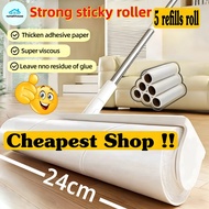 ✨✨Stick+10 Roll【24CM】Sticky Lint Roller Detachable Rod Floor Long Pole Sticky Roller Mop Dust  Hair 