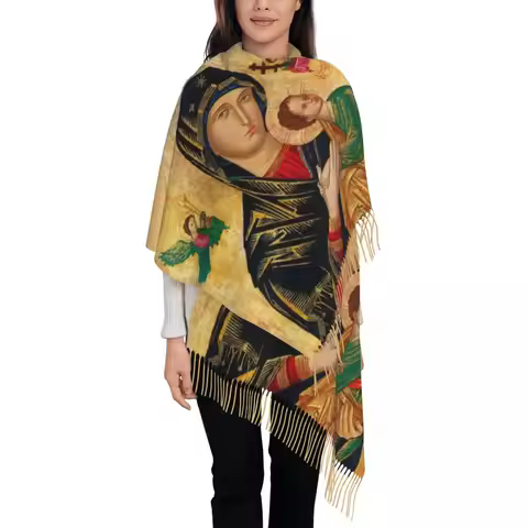Custom Our Lady Of Perpetual Help Tassel Scarf Women Soft Roman Catholic Virgin Mary Shawls Wraps La