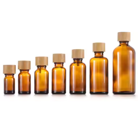 5ml-100ml Amber Glass Essential Oils Bottle Bamboo Wood Screw Cap Homemade Cosmetic Container Essenc