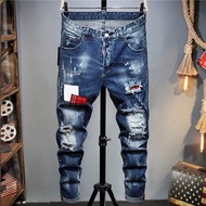 DSQUARED2 Brand Mens Blue Ripped Jeans European Casual Straight Slim Stretch Denim Pants Hole Patchw