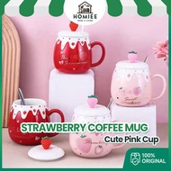 HOMIEE Ceramic Strawberry Coffee Mug Pink Cup Cawan Kaca Kopi Water Cup With Spoon Bottle Kitchen