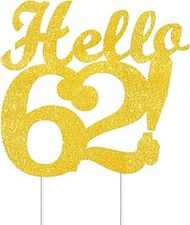 Hello 62 Cake Toppers Gold Glitter, Happy 62nd Birthday Cake Decorations Cheers to 62 Years Party De