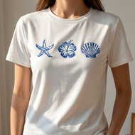 Casual Simple Vacation Blue Starfish Shell Floral Pattern Round Neck Short Sleeve Women FA+127