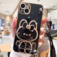 Samsung Galaxy J3 J5 J7 Pro J2 Prime J4 J6 Plus A7 2018 A750 Note 10 20 Ultra Note10 Lite Plus A81 Cartoon Rabbit Mirror Holder Kickstand Lanyard Neck Strap Stand Plating Soft Phone Case Back Full Cover