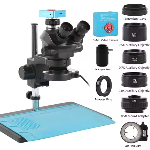 7X-100X Simul Focal Stereo Trinocular Microscope 4K 2K 55MP VGA USB HDMI PC Video Camera +56 LED Rin