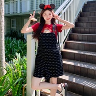 ฤดูร้อน Polka Dot เดนิม ชุดเอี๊ยม ผู้หญิง หลวม Fit College Style หวาน และ Salty Short กางเกง เวอร์ชั