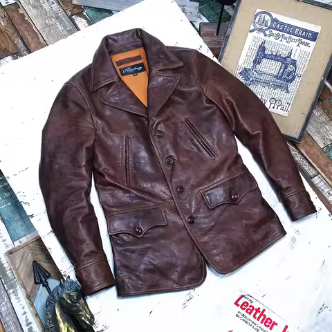 YR!Wholesale.Vintage brown batik horsehide jacket.Classic safari style genuine leather coat.retro qu