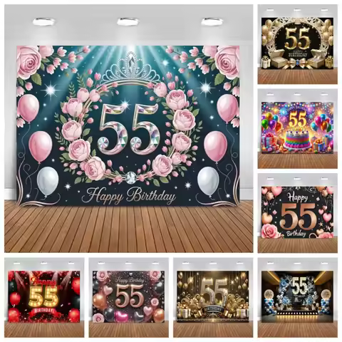 Colorful Black and Gold Balloon Themed 55th Birthday Background, Adult Birthday Party Decoration Pho