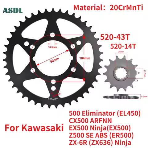 For Kawasaki 500 Eliminator EL450 EX500 Ninja 520 14T 43T Motorcycle Front Rear Sprockets Z500 SE AB