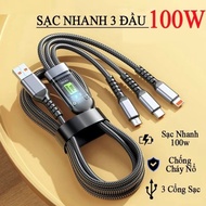 100W 3-Head Fast Charging Cable 1m2 Long Supports 3-in-1 Fast Charging Anti-Breakage