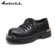 Gothic Metal Trim Platform Oxford Shoes Men Black Leather Chunky Lace Up Shoes