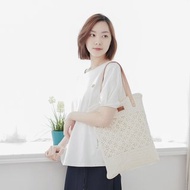 手工針織真皮手提袋-米白色│A4編織手提包/七夕情人節