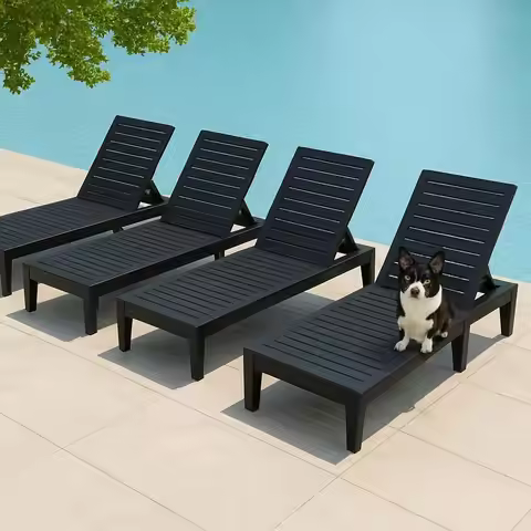 Chaise Lounge Chairs Set of 4, 5Position Adjustable Tanning Lounge Chairs with Wood Texture, AllWeat