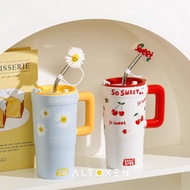 Mug + Straw (1 set) Ceramic Tumbler Mug With Straw Cute Flower Motif Ceramic Tumbler Pastel Ceramic 