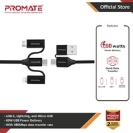 uk plugPromate 6-In-1 Multi Charging Cable, Premium Hybrid 20V 3A Lightning, USB-C™, Micro USB Conne