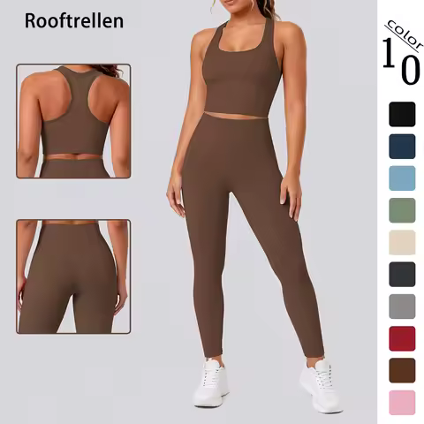 Rooftrellen 2PCS Woman Sports Yoga Set Solid Color Beautiful Back I-shaped Vest High Stretch Legging