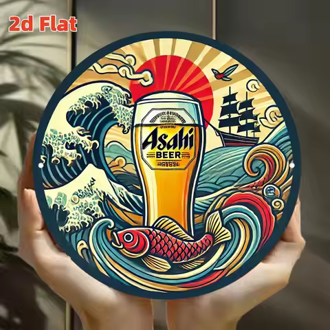 2D Flat "Asahi Beer Waves" | Japanese Style | Beer Culture Theme - 19.79x19.79 cm Aluminum Round Wal