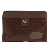 二手 Mario VALENTINO V 標誌 PVC 手提包，棕色，A5 尺寸，扣環錢包，V 標誌，男女通用。