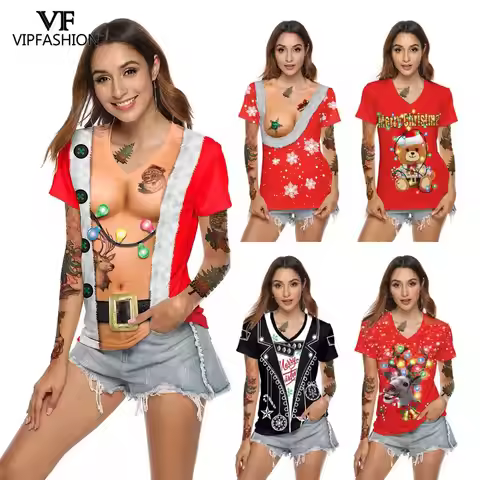 VIP FASHION Funny Xmas Print t Shirt Christmas T-shirts Women Fashion Short Sleeve Casual 3d Party M