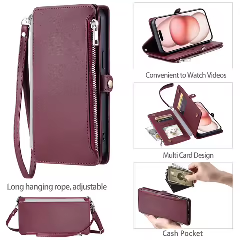 Multifunction Crossbody Wallet Case For VIVO Y20 V21 Y21 2021 Y33S Y72 5G Leather Lanyard 9 Cards Fl