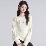French Off-White Sweater Women's Winter Flat Neck Narrow-Waist Inner Bottoming Knitwear Off-