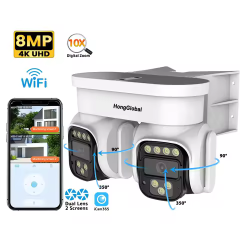 HongGlobal 8MP Monitor Outdoor Wireless 360 Degree PTZ IP Camera ICam365 Dual Lens 4K CCTV WiFi Surv