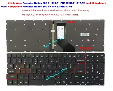 New US Backlit Keyboard For Acer Predator Helios 300 PH315-51 PH317-51 PH317-52 N17C3 N17C4 laptop(i