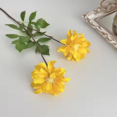 Fake Dahlia Plant 2 Heads Artificial Dahlia Flowers Bouquet Realistic Silk Dahlias with Long Stems F