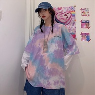 baju lengan panjang perempuan plus size casual loose tie dye printed long sleeve t-shirt women's korean oversize clothes