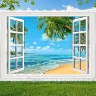 Tropical Hawaiian Beach Garage Door Cover Banner Decorations, 7x8ft Summer Blue Sky Sea Outdoor Car 