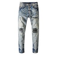 HOT★New Amiri slim knee hole patch light blue