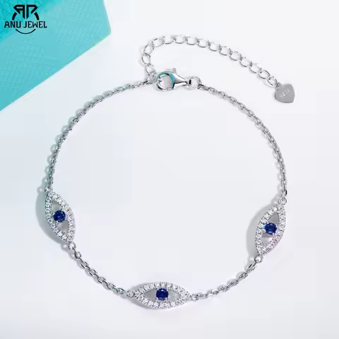 AnuJewel Moissanite Evil Eye Bracelet 925 Sterling Silver 18K Gold Plated 18+5cm Adjustable Bracelet