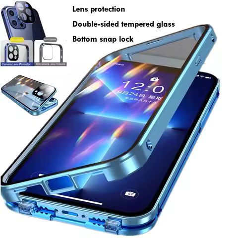 360 Full Protection Metal Magnetic Double Sided Glass Snap Lock Case For iPhone 17 16 15 14 12 13 Pr