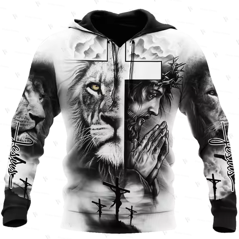 Custom Name Animal King Lion Jesus Cosplay Tattoo Vintage Retro Unisex 3DPrint Harajuku Pullover Fun